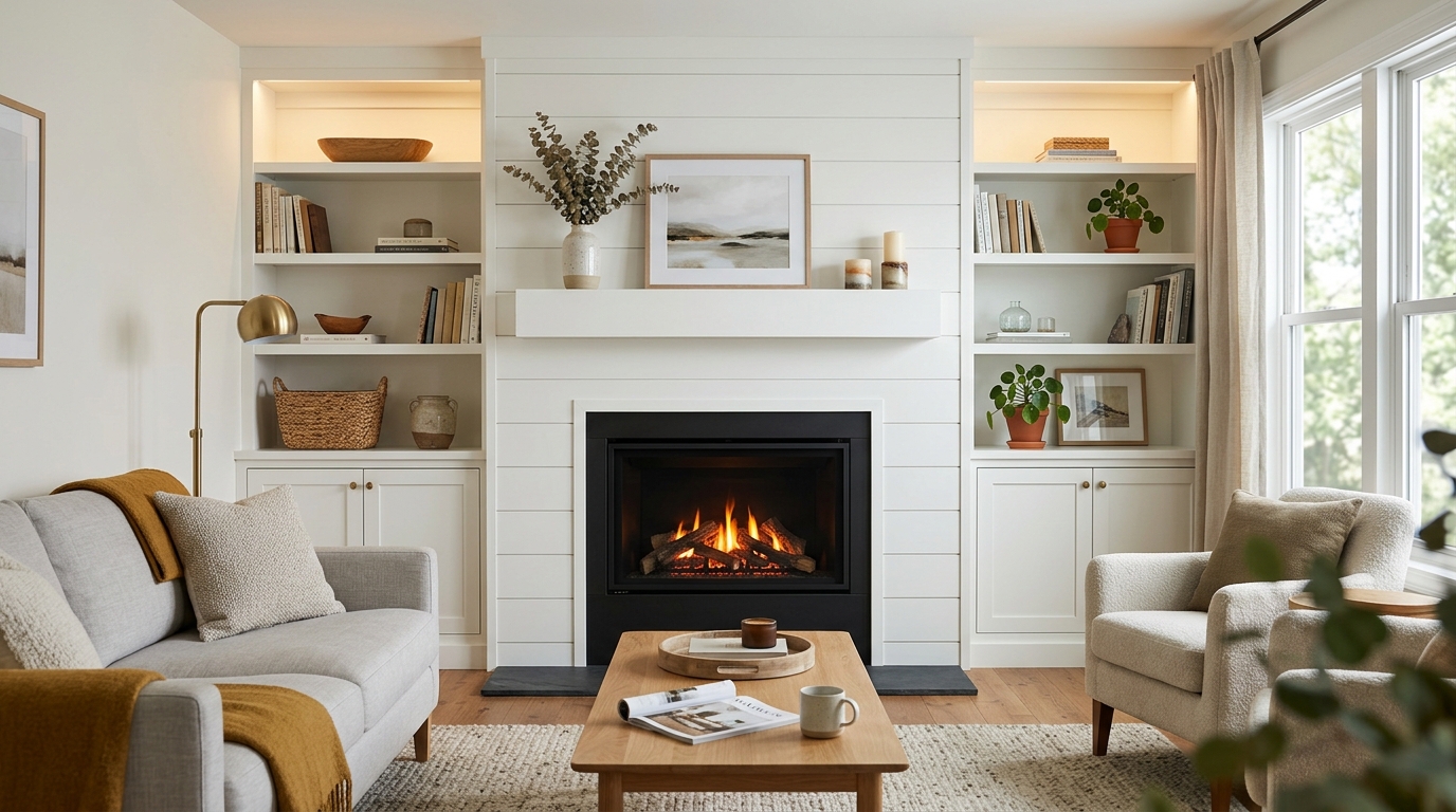 Elegant fireplace build-out with accent lighting