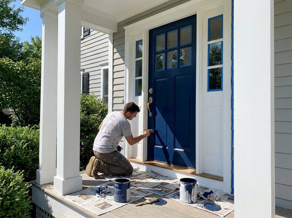 Front door and porch painting in bold navy blue