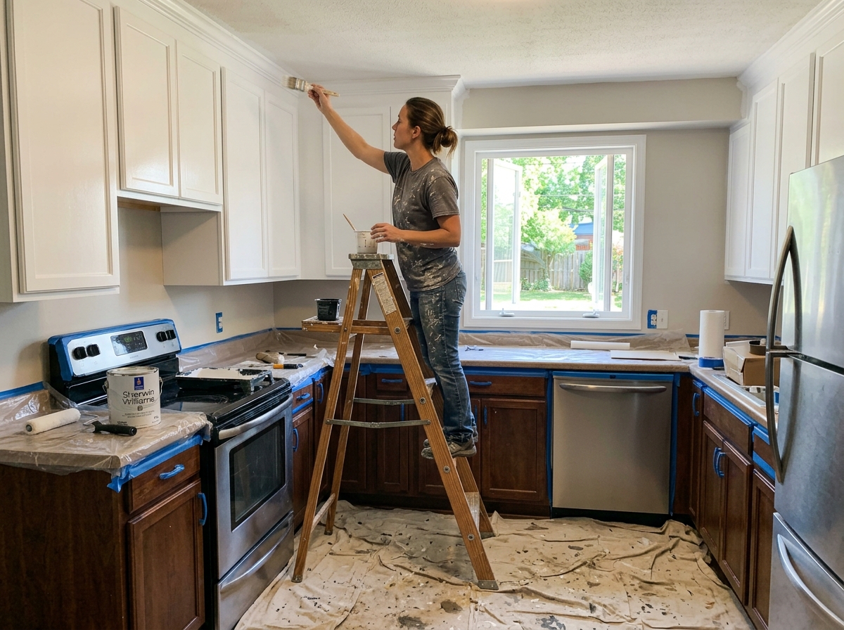 Kitchen cabinet painting in progress with white satin finish