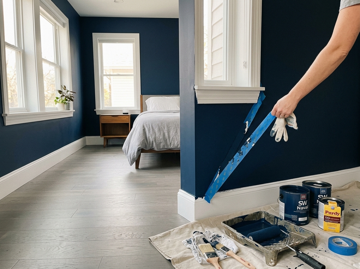 Freshly painted navy blue bedroom with crisp white trim