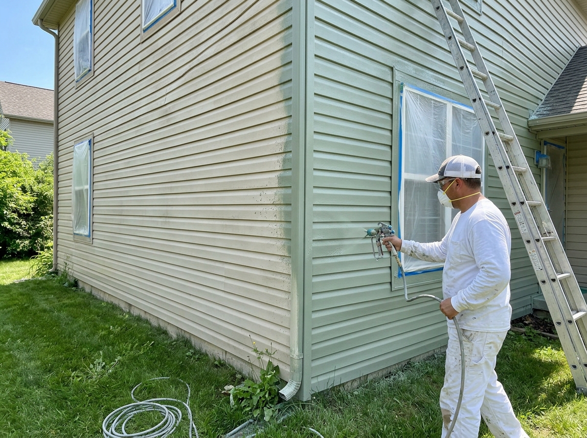 Exterior siding spray painting in sage green