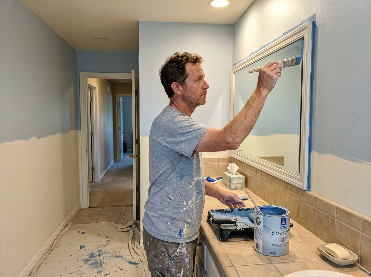 Bathroom painting project with soft blue walls and precision cutting