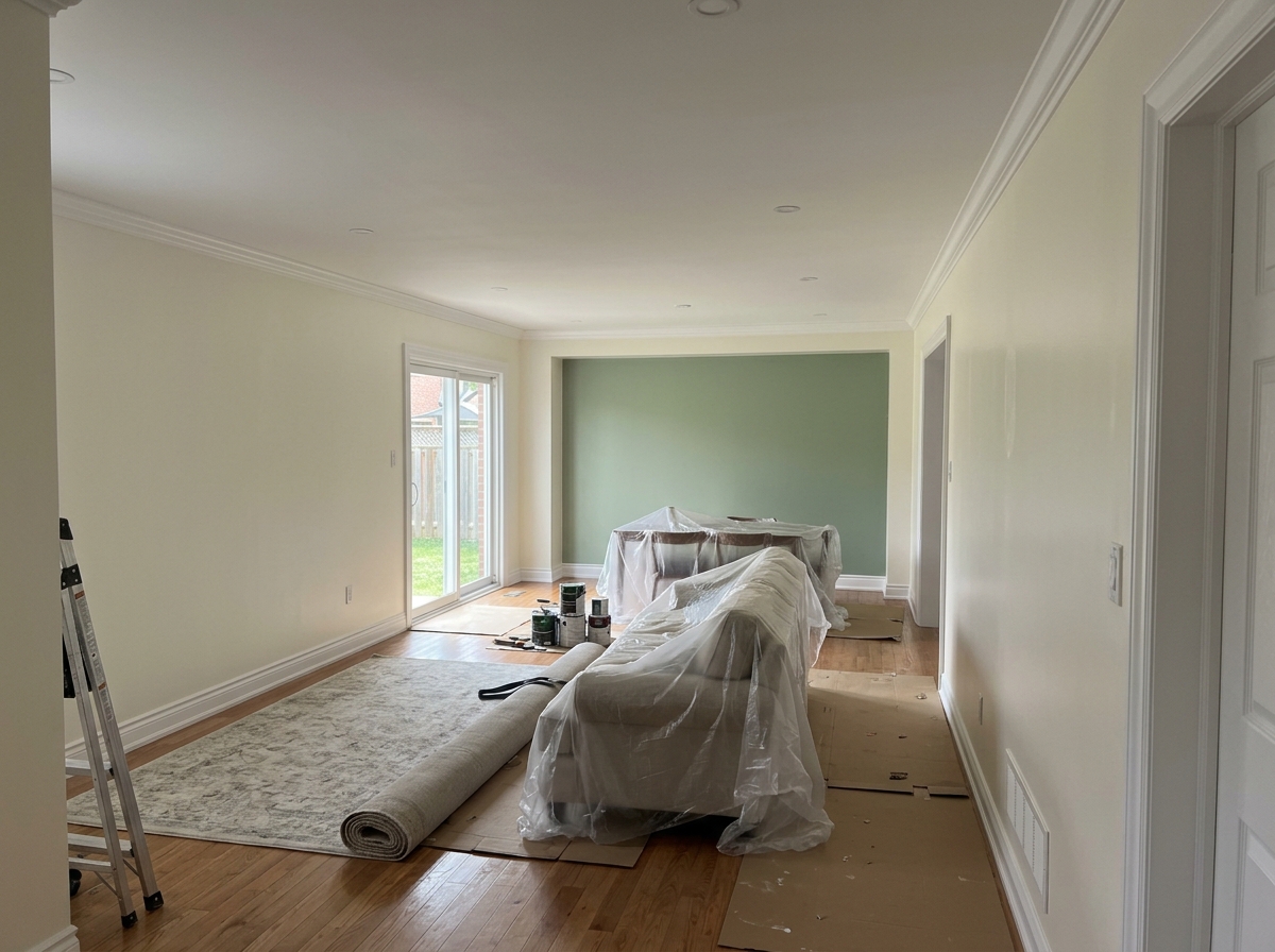 Completed interior painting in open-concept living and dining area