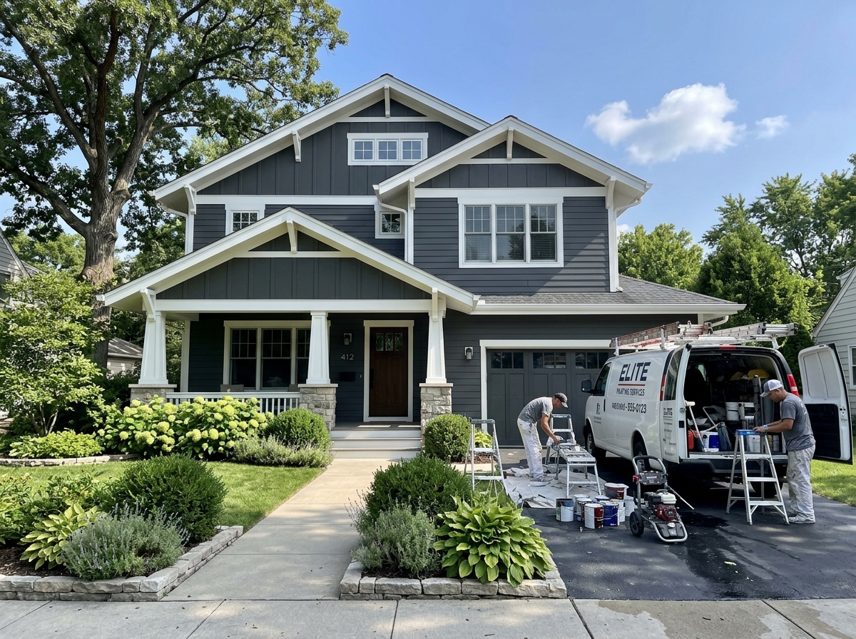 Completed craftsman home exterior painting in charcoal gray with white trim